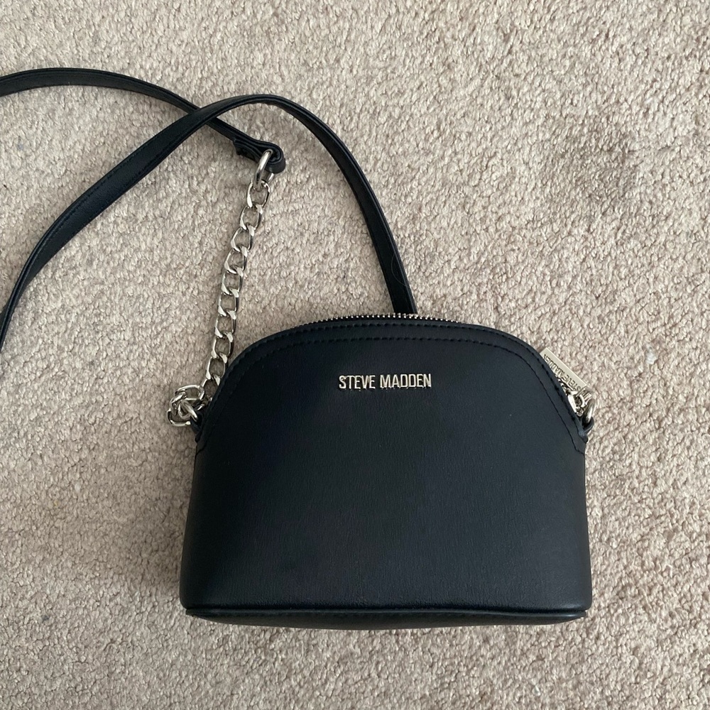 Black Crossbody Bag with Silver Chain and Textured Finish
